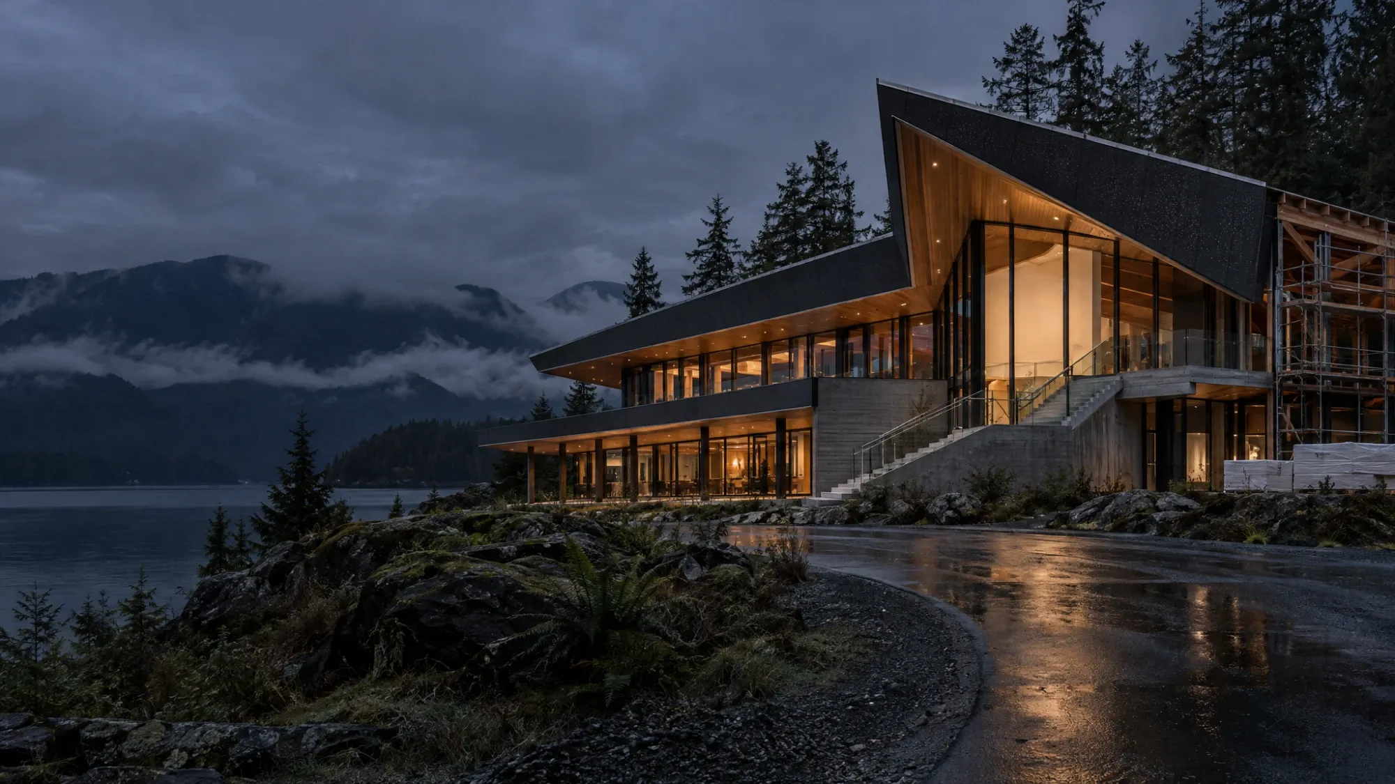A two-storey timber, concrete and glass building on a rocky lakeshore at dusk, its interior lit warm, with forested mountains in low cloud behind and scaffolding on the far right.